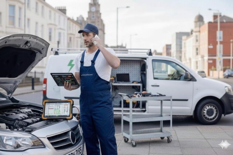 The Manchester Car Electrics team member performing a diagnostic check on a vehicle’s engine bay during an on-site visit.
