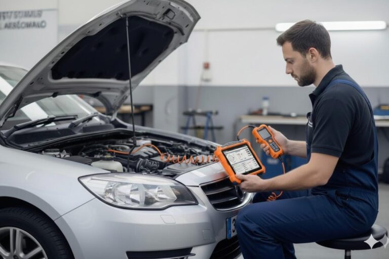 Calibrating a vehicle's Advanced Driver Assistance Systems (ADAS) using a digital scanner in a Manchester-based workshop.