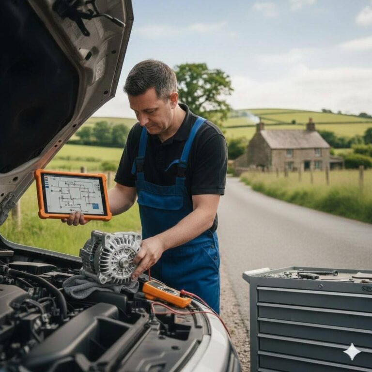 Professional diagnostic testing of a car's electrical system for an alternator repair Manchester service.