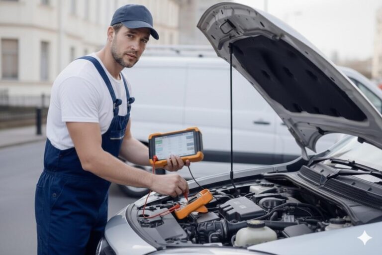 An auto electrician in Manchester during a mobile call-out for an electrical fault.