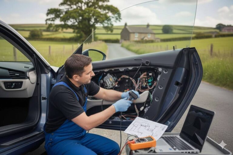 Central locking repair in Manchester showing a technician kneeling outside a vehicle to inspect the door wiring and locking mechanism during a mobile call-out.
