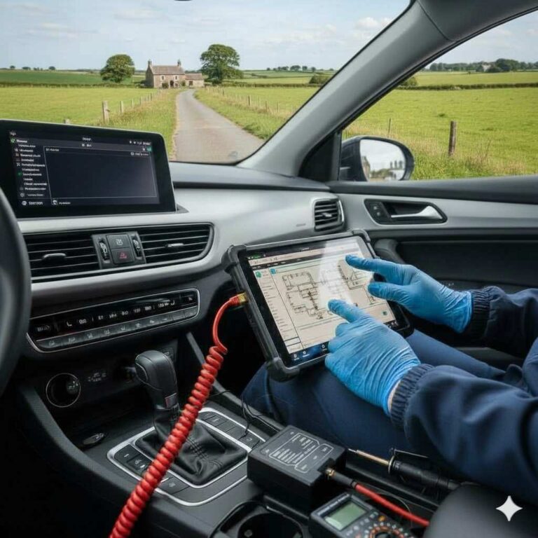 ECU coding and programming in Manchester featuring a technician using a high-end diagnostic computer to re-programme a vehicle’s internal electronic modules.