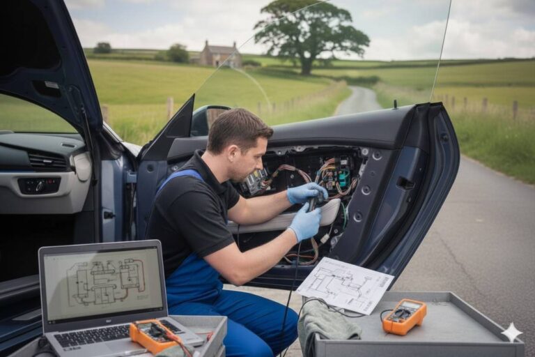 Electric car window repair in Manchester showing an auto electrician kneeling outside a vehicle to fix a fault.