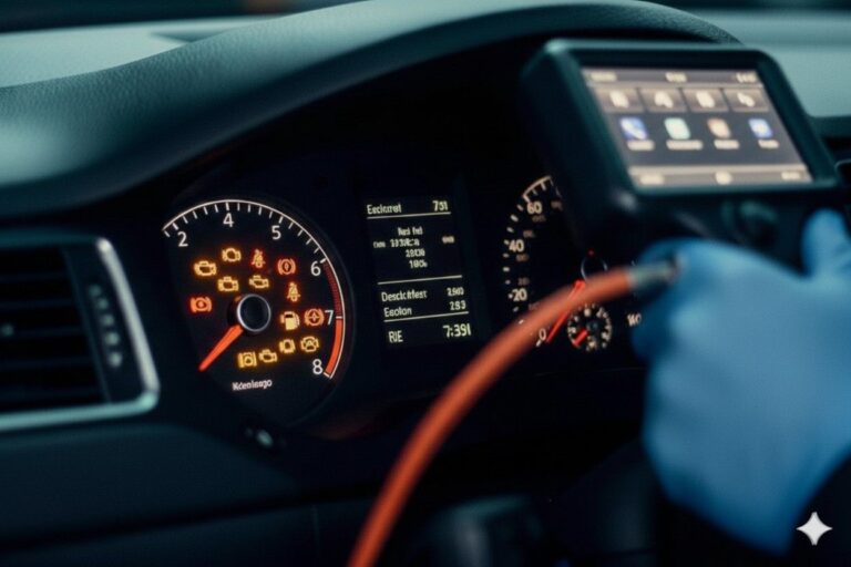 Flashing engine light diagnostics in Manchester showing a professional interior view of a vehicle dashboard during a diagnostic check for a warning light.