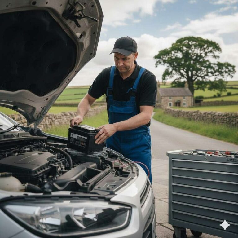 A technician's using a battery tester to check a vehicle's health for a mobile car battery replacement Manchester call-out.