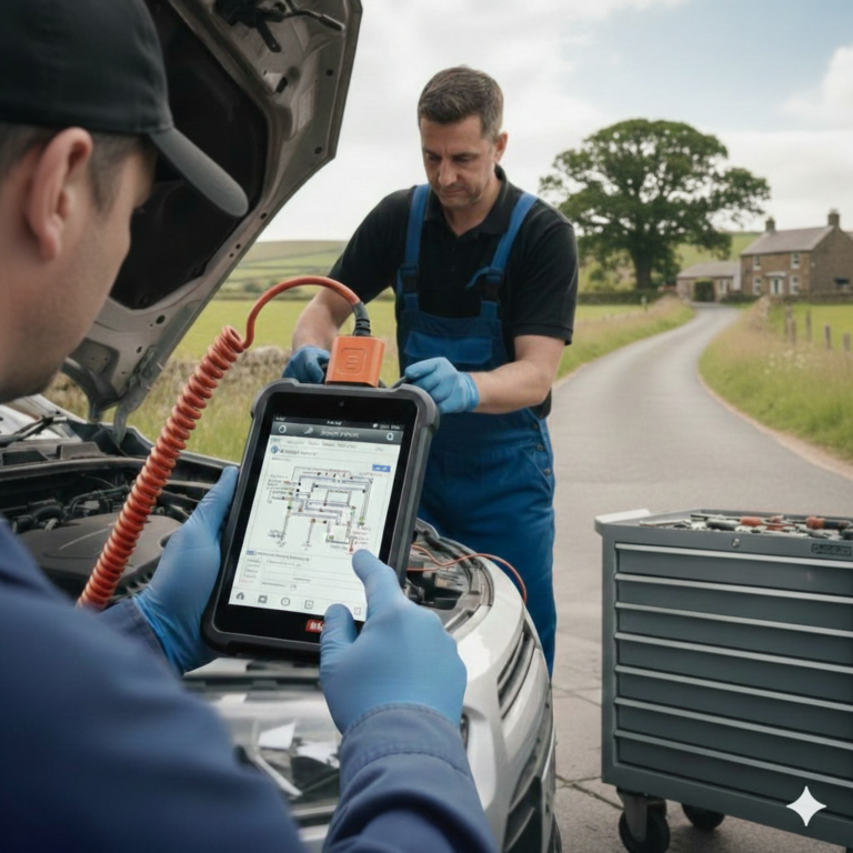 Mobile car diagnostics Manchester call-out featuring two technicians; one working under the car's bonnet and the other using a professional diagnostic tool for an outdoor repair.