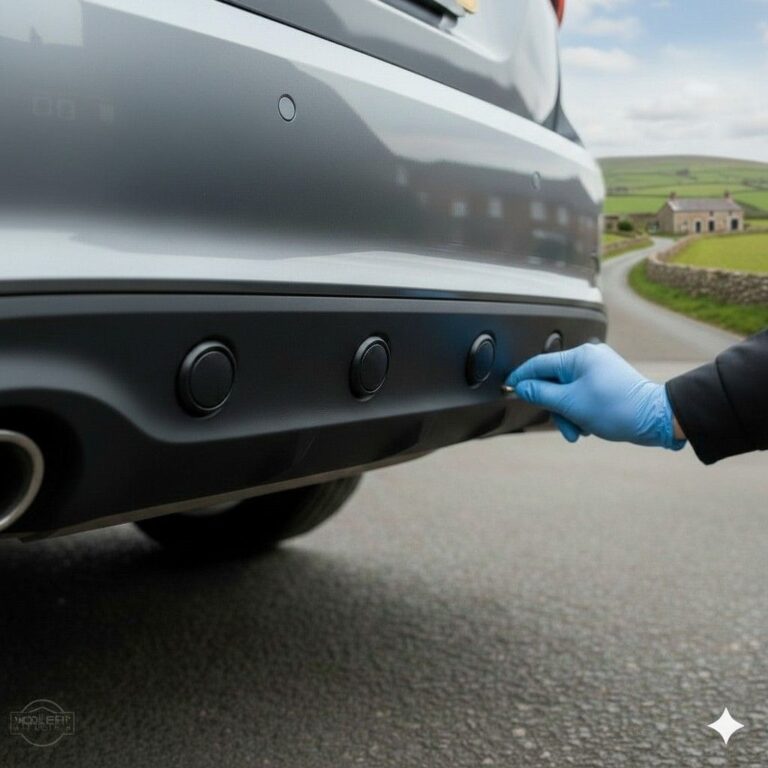 Parking sensors fitted in Manchester showing a close-up of a car's rear bumper with professionally integrated proximity sensors installed for a seamless finish.