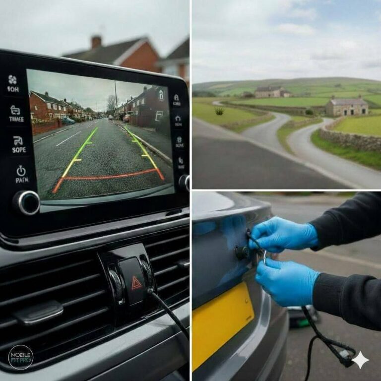 Reverse camera installation in Manchester being performed by a mobile technician to provide a vehicle with a professional parking assistance upgrade.