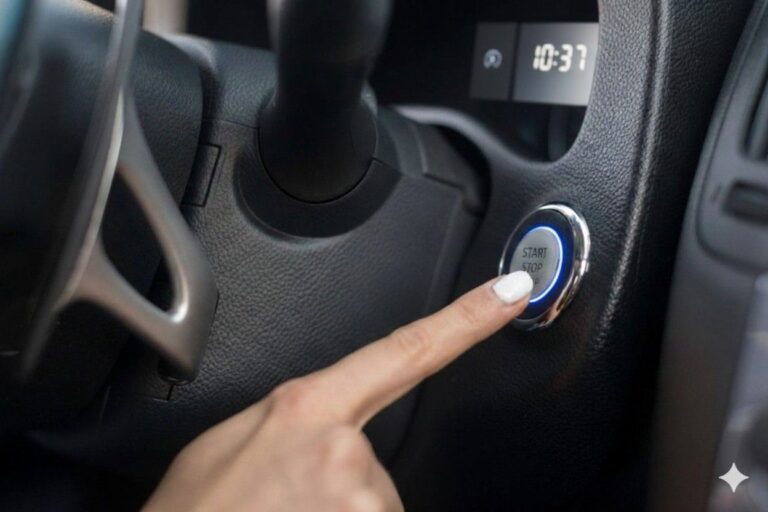 Starter motor repair in Manchester showing the interior of a car and the engine start-stop button being activated following a mobile auto electrical fix.