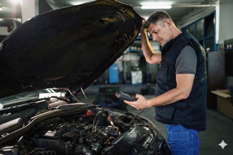 VAG specialist services Manchester showing an expert technician looking under the bonnet of a Volkswagen Group vehicle to perform a detailed engine inspection.