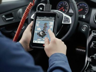 Close-up of a hand using a digital scanner for ABS light diagnostics on a car dashboard during a mobile call-out in Manchester.