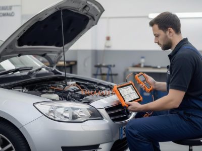 Calibrating a vehicle's Advanced Driver Assistance Systems (ADAS) using a digital scanner in a Manchester-based workshop.
