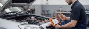 Calibrating a vehicle's Advanced Driver Assistance Systems (ADAS) using a digital scanner in a Manchester-based workshop.