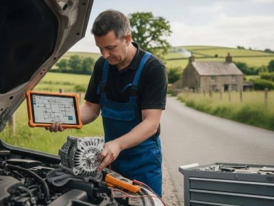 Professional diagnostic testing of a car's electrical system for an alternator repair Manchester service.