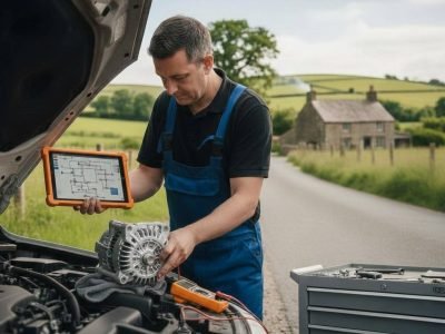 Professional diagnostic testing of a car's electrical system for an alternator repair Manchester service.
