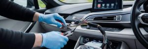 Car wiring repairs in Manchester showing professional work in progress on the complex internal wiring and electrical circuits of a modern car.