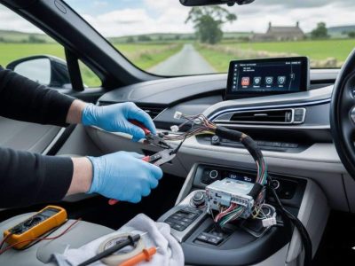 Car wiring repairs in Manchester showing professional work in progress on the complex internal wiring and electrical circuits of a modern car.