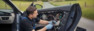 Central locking repair in Manchester showing a technician kneeling outside a vehicle to inspect the door wiring and locking mechanism during a mobile call-out.