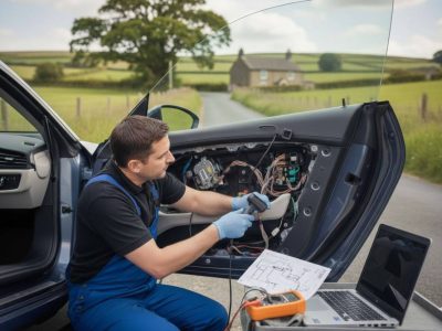 Central locking repair in Manchester showing a technician kneeling outside a vehicle to inspect the door wiring and locking mechanism during a mobile call-out.