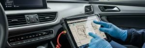 ECU coding and programming in Manchester featuring a technician using a high-end diagnostic computer to re-programme a vehicle’s internal electronic modules.