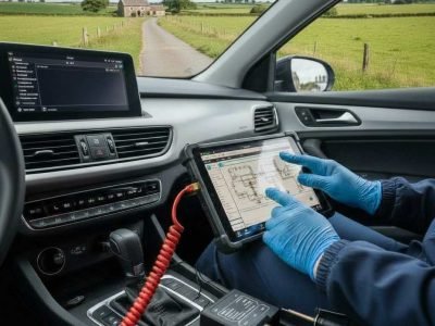 ECU coding and programming in Manchester featuring a technician using a high-end diagnostic computer to re-programme a vehicle’s internal electronic modules.