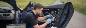 Electric car window repair in Manchester showing an auto electrician kneeling outside a vehicle to fix a fault.
