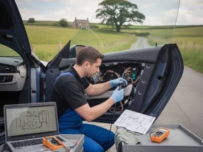 Electric car window repair in Manchester showing an auto electrician kneeling outside a vehicle to fix a fault.