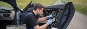 Electric car window repair in Manchester showing an auto electrician kneeling outside a vehicle to fix a fault.