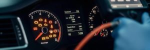 Flashing engine light diagnostics in Manchester showing a professional interior view of a vehicle dashboard during a diagnostic check for a warning light.