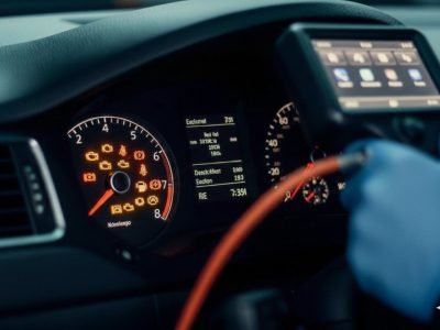 Flashing engine light diagnostics in Manchester showing a professional interior view of a vehicle dashboard during a diagnostic check for a warning light.