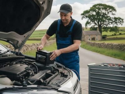 A technician's using a battery tester to check a vehicle's health for a mobile car battery replacement Manchester call-out.