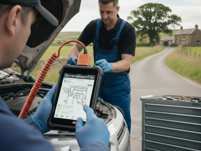 Mobile car diagnostics Manchester call-out featuring two technicians; one working under the car's bonnet and the other using a professional diagnostic tool for an outdoor repair.