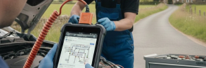 Mobile car diagnostics Manchester call-out featuring two technicians; one working under the car's bonnet and the other using a professional diagnostic tool for an outdoor repair.