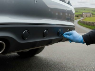 Parking sensors fitted in Manchester showing a close-up of a car's rear bumper with professionally integrated proximity sensors installed for a seamless finish.