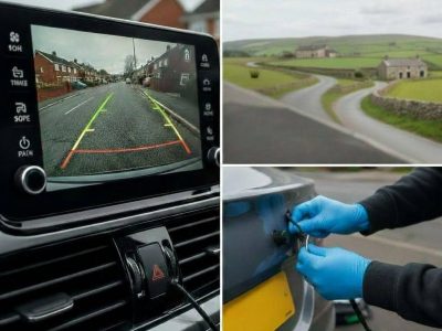 Reverse camera installation in Manchester being performed by a mobile technician to provide a vehicle with a professional parking assistance upgrade.