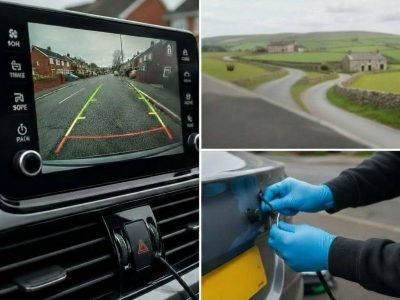 Reverse camera installation in Manchester being performed by a mobile technician to provide a vehicle with a professional parking assistance upgrade.