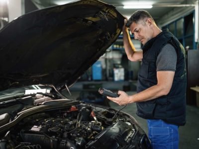 VAG specialist services Manchester showing an expert technician looking under the bonnet of a Volkswagen Group vehicle to perform a detailed engine inspection.